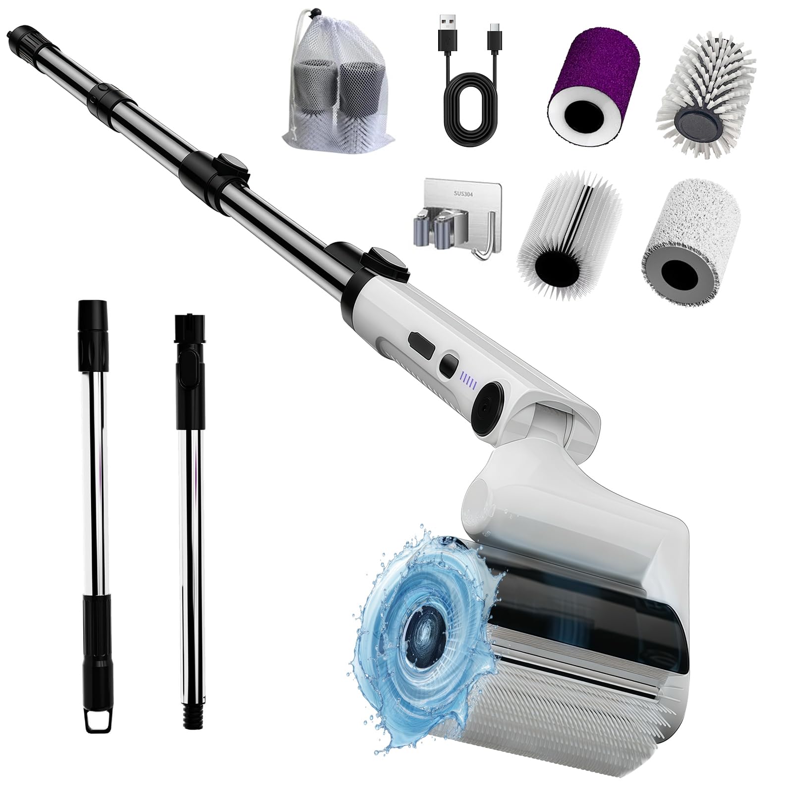 auvstar Elektrische Reinigungsbürste,Electric Cleaning Brush,Elektrische Putzbürste Reinigungsbürste Bad 4 Vielseitigen Bürstenköpfen mit Verstellbarem Griff für Bad Küche Auto Fußboden