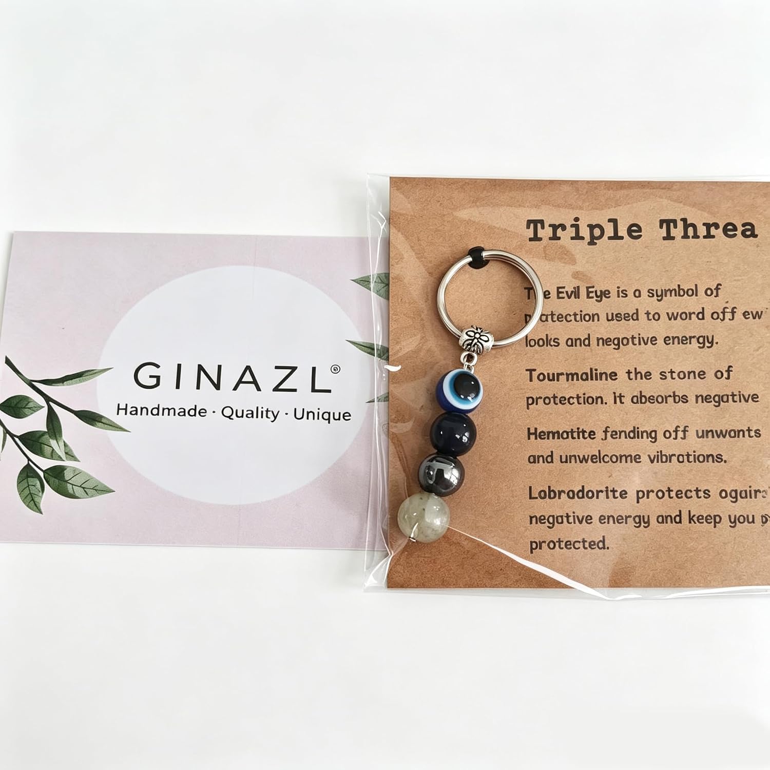 GINAZL Natural Crystals Keychain Gift, Evil Eyes Charm Keychains Inspirational Keychain for Women Bag/purse Charms