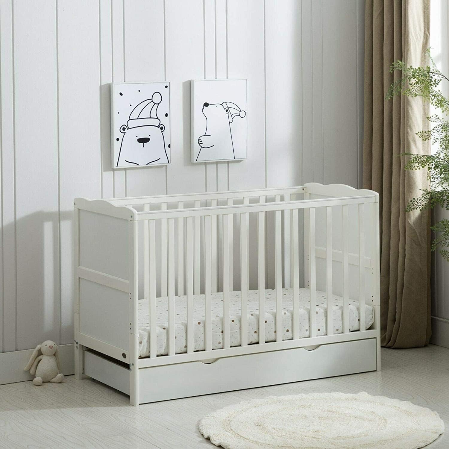 mcc direct White Wooden Orlando Baby Cot Bed with Rollaway Drawer and Aloe Vera Water-Repellent Mattress (Cream White) - Orlando