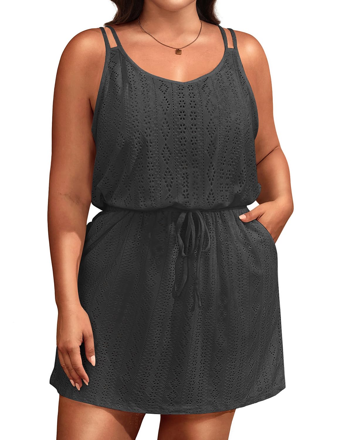 Daci Plus Size Swimsuit Cover Ups - Women Hollow Out Spaghetti Strap Beach Coverup Dress with Pockets