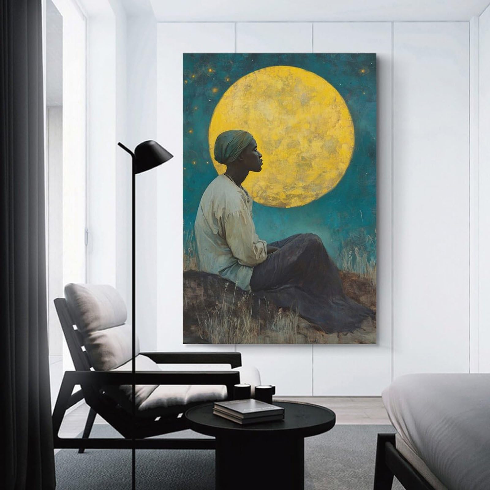Junmoney Unframe-Style-20 Woman Gazing At The Moon Canvas Wall Art 20X30inch(50X75cm), For Office Decor, Home Working Or Creative Rooms, Wall Art That Adds Style To Work Areas