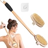 Vafada Wood Body Brush Set,20.6’’ Long Handle Bath Body Back Scrubber Soft & Stiff Bristles Detachable 2 Brush Heads Gentle Exfoliator Remove for Wet & Dry Use