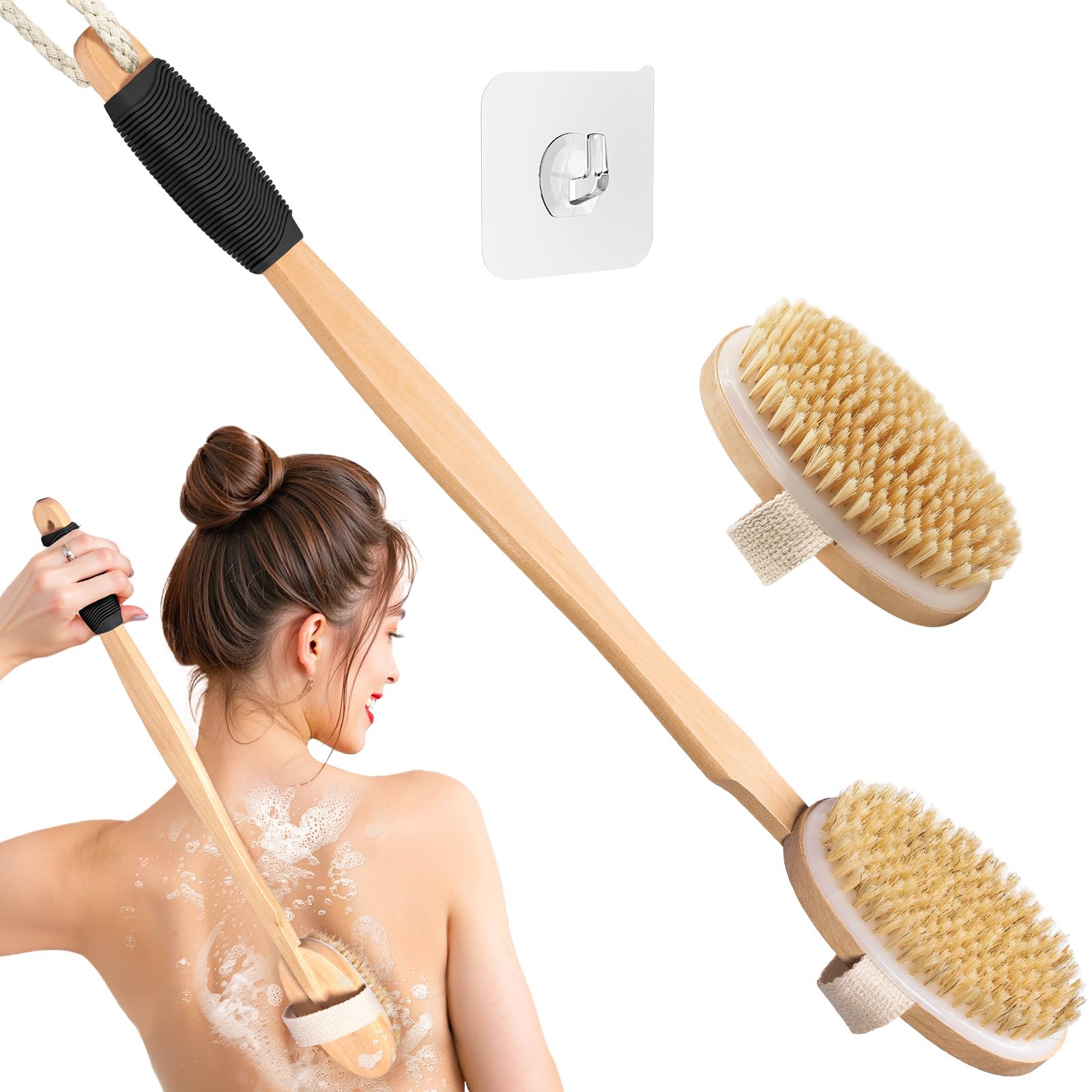 Juego de cepillos de madera para el cuerpo, 20.6 pulgadas, mango largo, cepillo para la espalda, cerdas suaves y rígidas, desmontables, 2 cabezales de cepillo, exfoliante suave para uso húmedo
