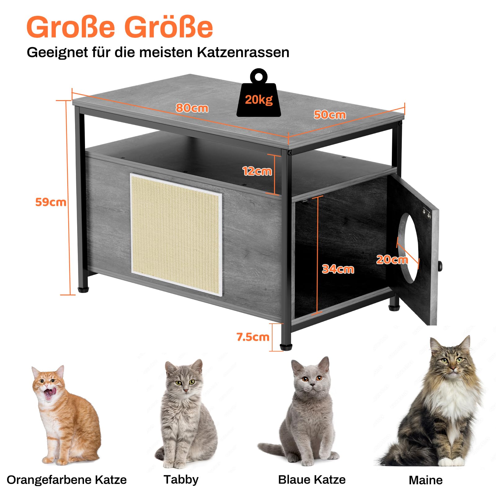 MAMIZO Mobile Lettiera per Gatti, Casetta in Legno, 80 x 50 x 59 cm, Armadietto per Gatti, Casa per Gatto Multifunzione con Ripiano Aperto, (Grigio, XL)