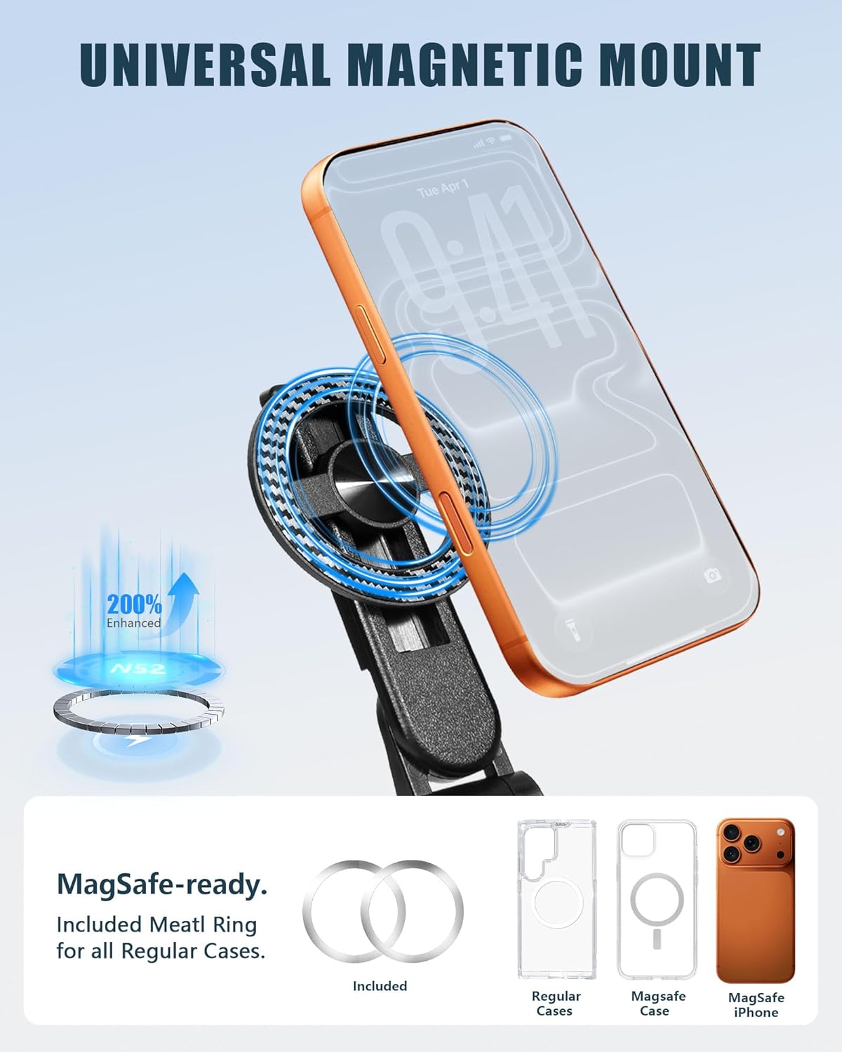 Universal magnetic mount for smartphones, showing MagSafe compatibility and included metal ring