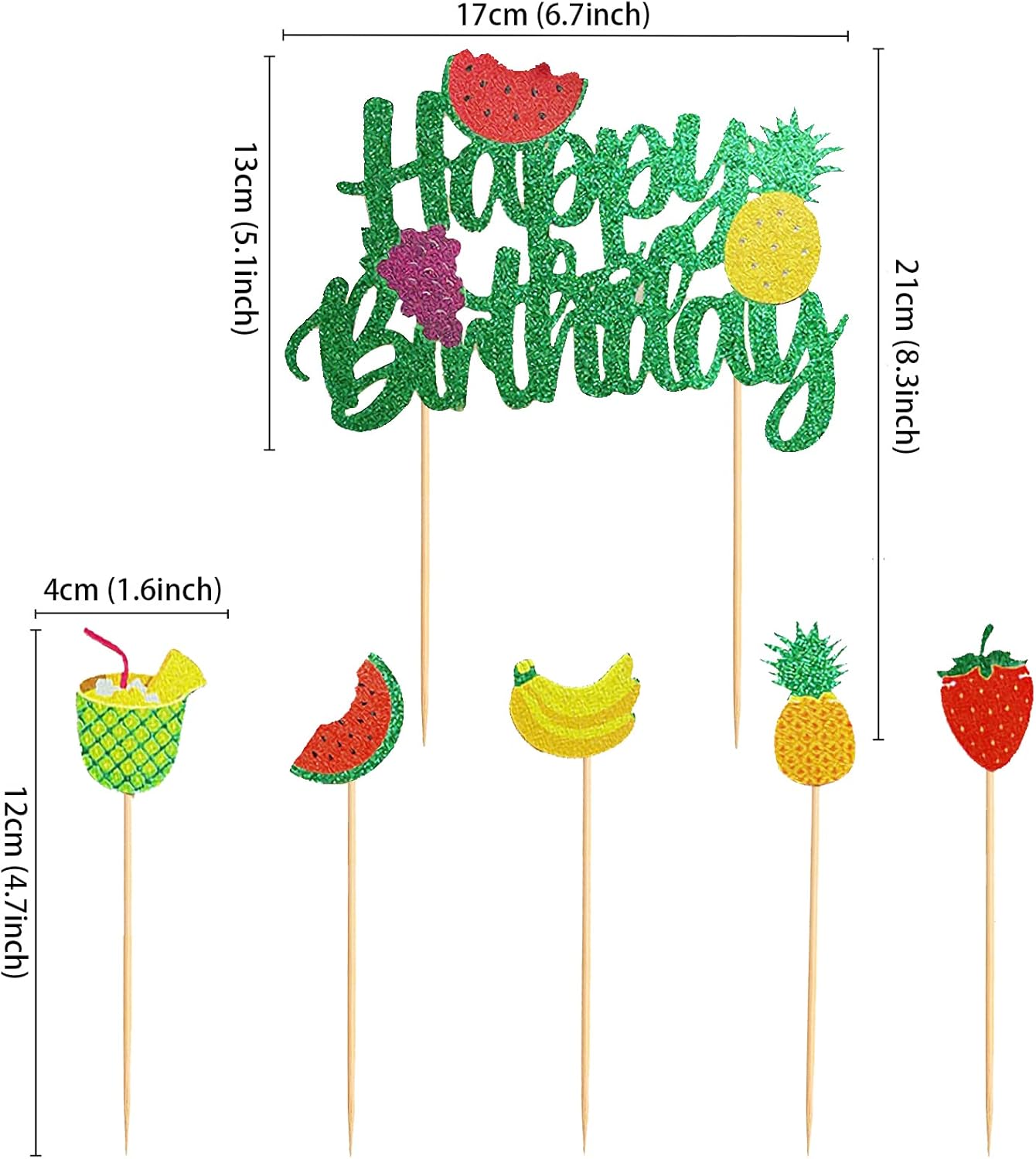 6Pcs Happy Birthday Cake Toppers Glitter Cupcake Toppers Picks Summer Fruit Theme Happy Birthday Party Cake Decorations Baby Shower Anniversary Party Supplies