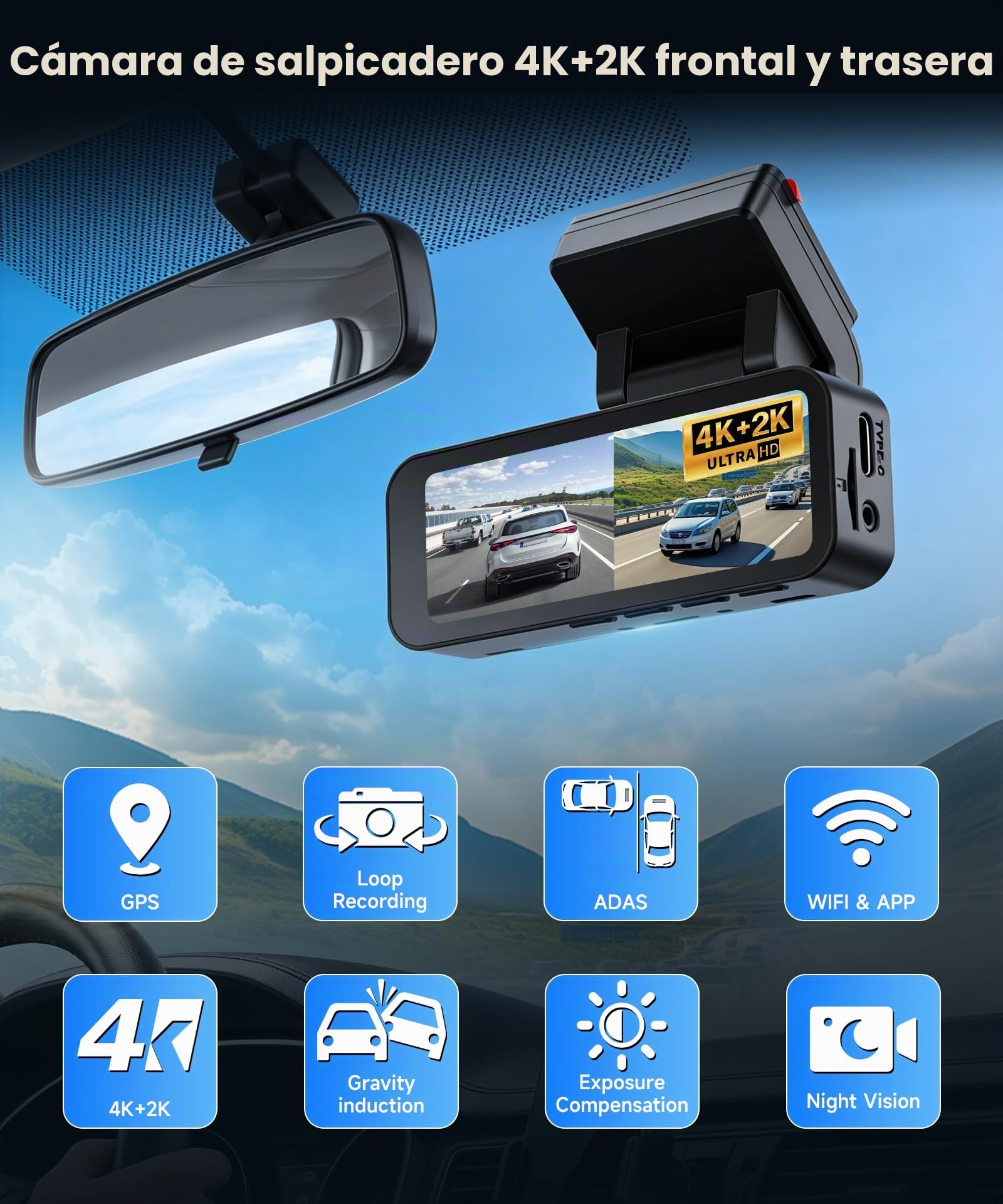VECHTEL 4K+2K Dashcam Coche Delantera y Trasera con WiFi 5G, 2*Cámara de Coche 1080P, Pantalla IPS de 3.16 Pulgadas, Monitoreo de Estacionamiento 24H, Visión Nocturna, Sensor G, con Tarjeta de 64GB