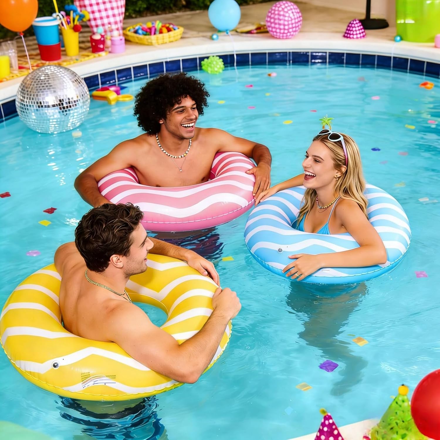 3 PCS Large Striped Pool Floats for Adults -35 inch Swimming Rings Tubes -Yellow/Pink/Blue Inflatable Pool Float Tube for Adults Pool Floats for The Beach, Party, Vacation