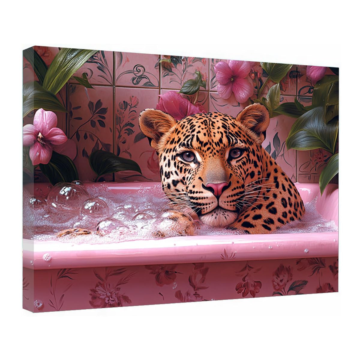 TZKRWRH Leopard Canvas Print Animals Preppy Poster Leopard In Pink Tub Cheetah Modern Maximalist Boho Wall Art Panther Painting Vintage Canvas Office(Pink 68)-70x100cm Framed