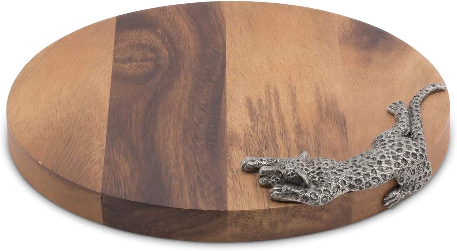 Vagabond House Pewter Metal Leopard Round Acacia Wood Cheese/Serving Board 10 inch Diameter .75 inch Tall
