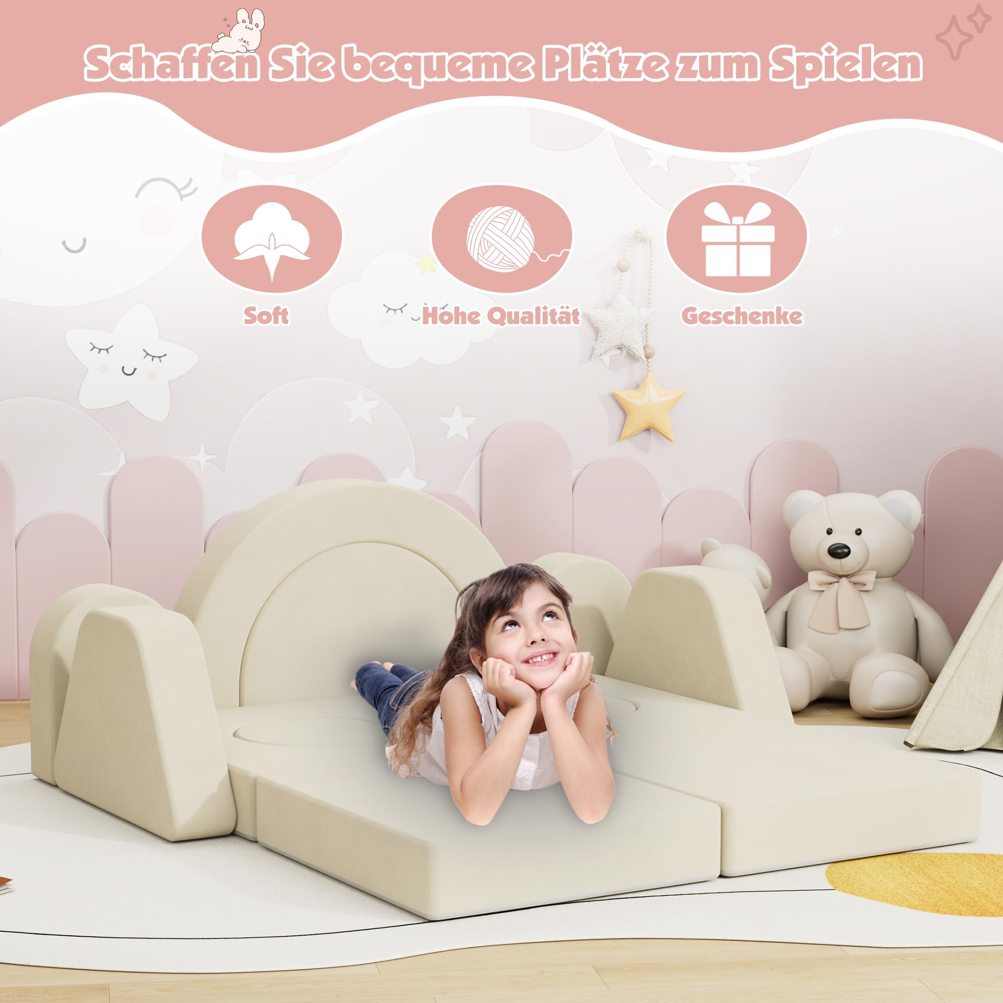NACHES Spielsofa für Kinder, Modulares Kindersofa aus Schaumstoff, Kord, Kindercouch waschbar, Schlafsofa für Kinderzimmer (Beige, 2-Sitzer)