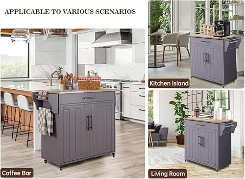 Miniatura 7 de Pingliang Home Isla de almacenamiento de cocina, isla rodante de madera sobre ruedas con encimera, carrito de isla de cocina móvil con toallero,