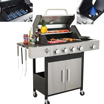 4 Burner Propane Gas Grill with Side Burner & Porcelain-Enameled Cast Iron Grates & Grids, 46790BTU Output Stainless Steel BBQ Grill for Outdoor Cooking Camping Barbecue Grill for Patio