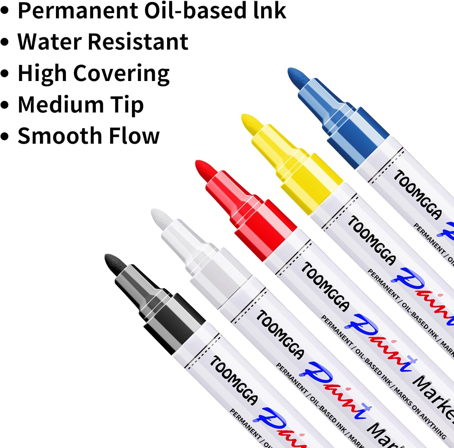 TOOMGGA Paint Pens Permanent Paint Markers - 5 Colors Oil Based Marking Pens, Medium Point, Quick Drying and Waterproof Pens for Rock Painting Car Tyre Metal, Plastic, Canvas, Wood, Glass
