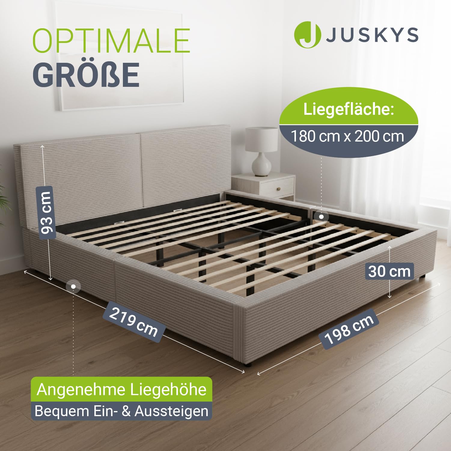 Juskys Polsterbett Salerno 180 x 200 cm mit Matratze – Cord Taupe, modernes Bett mit Kopf- & Fußteil, stabilem Holz- & Metallrahmen, Lattenrost, 500 kg Tragkraft