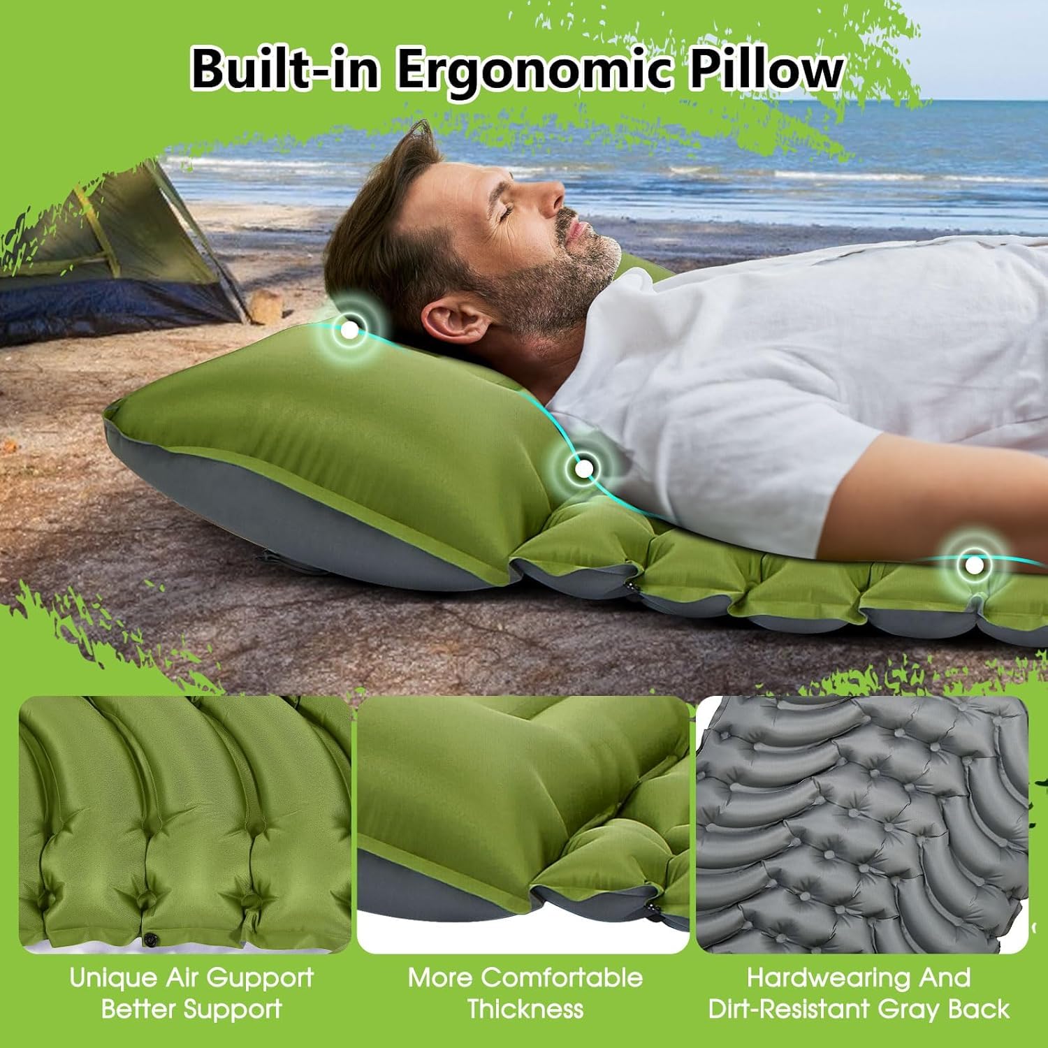 Matelas de camping gonflable avec oreiller, pompe à pied intégrée, tapis compact pour camping, randonnée, voyage, tente (vert)