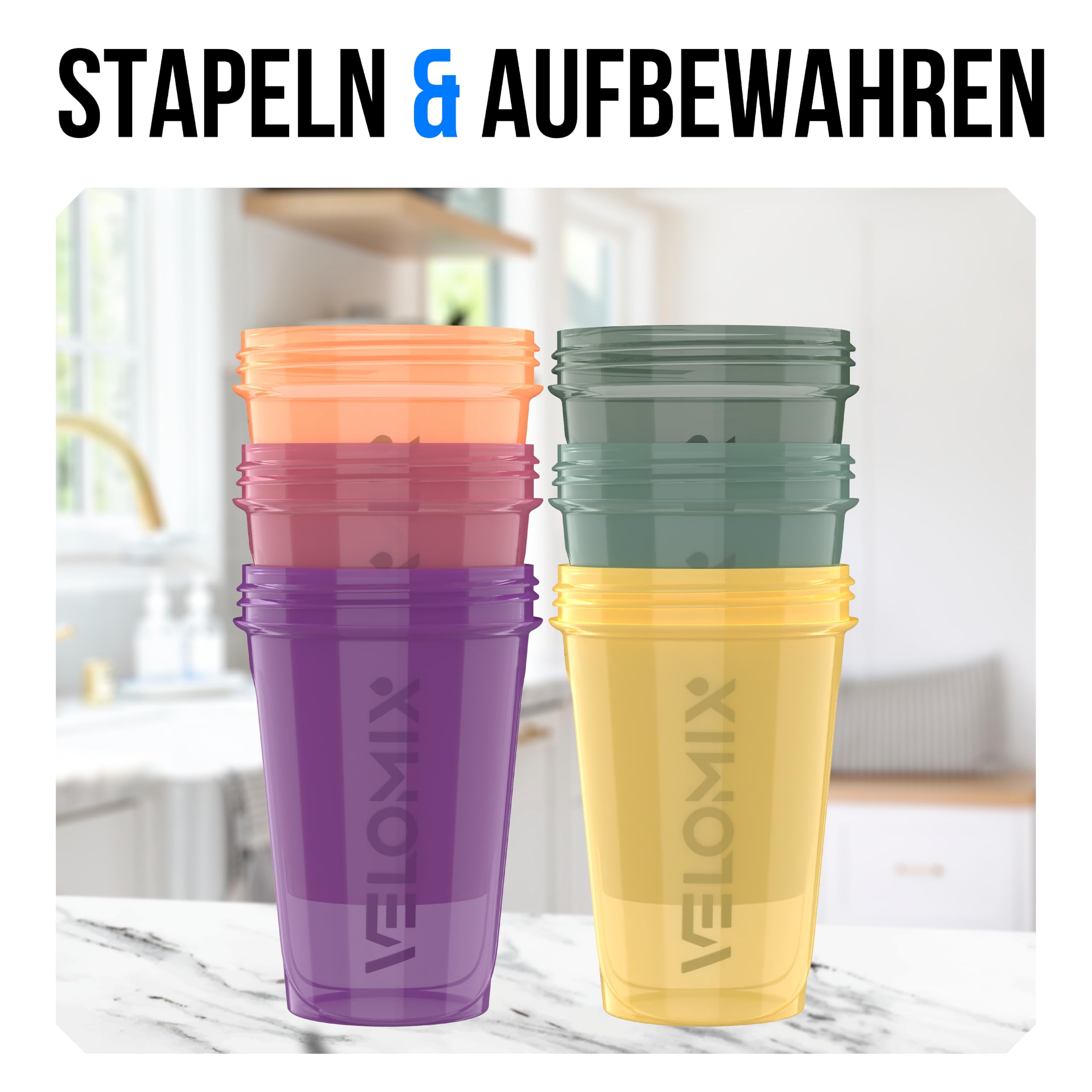 VELOMIX Protein-Shaker-Flasche für Proteinmischungen, auslaufsichere Shaker-Becher für Protein-Shakes, stapelbare Protein-Shaker-Flasche, spülmaschinenfest, Naturtöne, 6 Stück