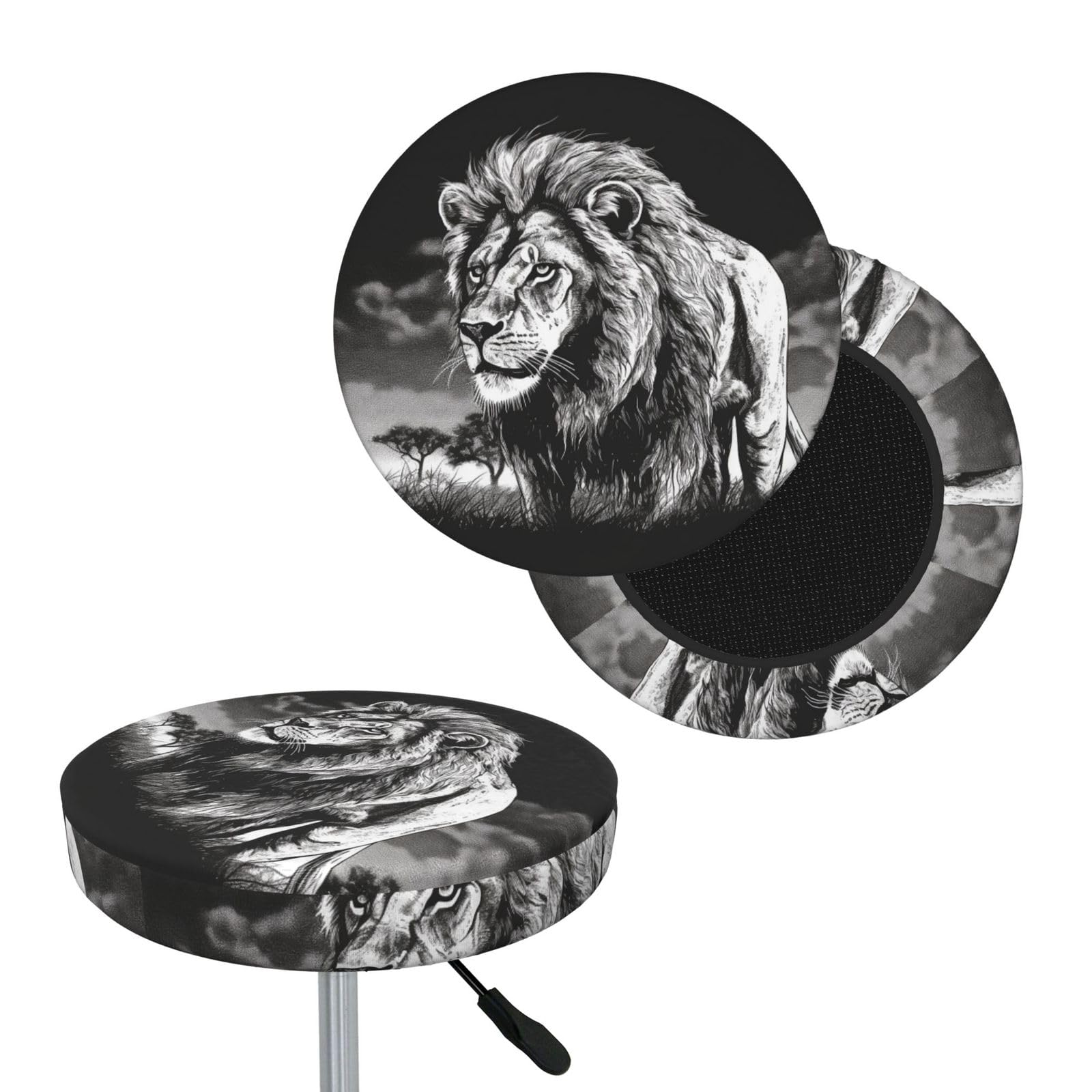 NONHAI Lion Black White Illustration Bar Stool Cover Round Elastic Stool Cushion Covers Dustproof Bar Chair Cover Washable Stool Cushion Slipcover Stretch Stool Seat Covers for 12-14 Inch Chair