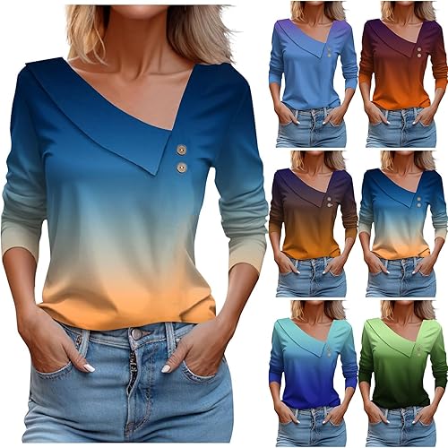 LRMQS Spring Tops for Women 2024 Trendy Casual Long Sleeve Asymmetric V Neck Button Blouses Dressy Woman Shirts Clothing