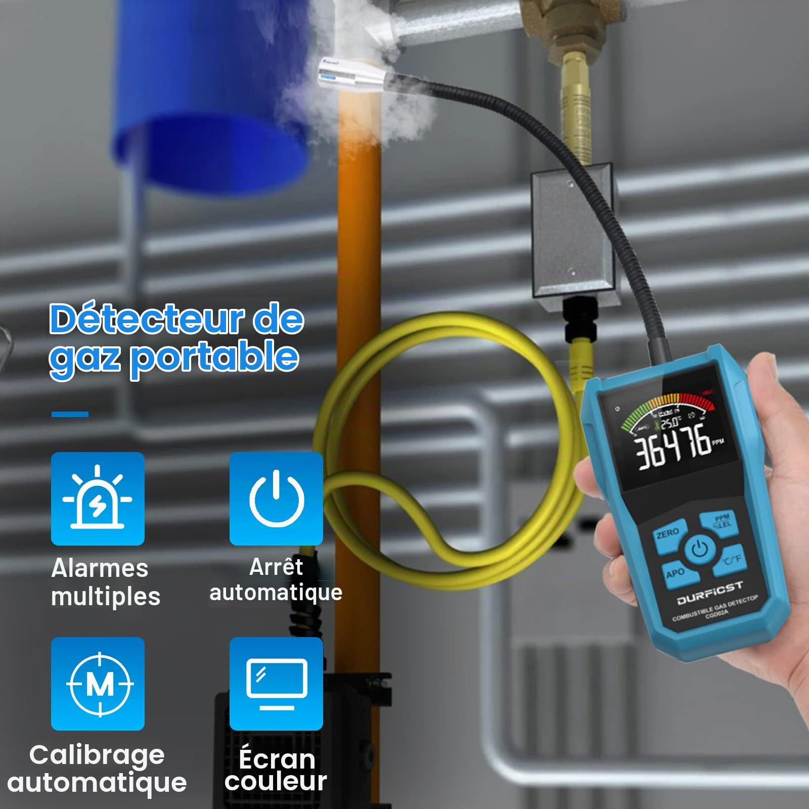 DURFICST Détecteur de Fuite, avec Alarme Détecteur de Gaz | Détecteur de Gaz Portable Camping Car pour Gaz Naturel, Gaz de Pétrole Liquéfié, Gaz de Charbon et Autres Gaz Combustibles