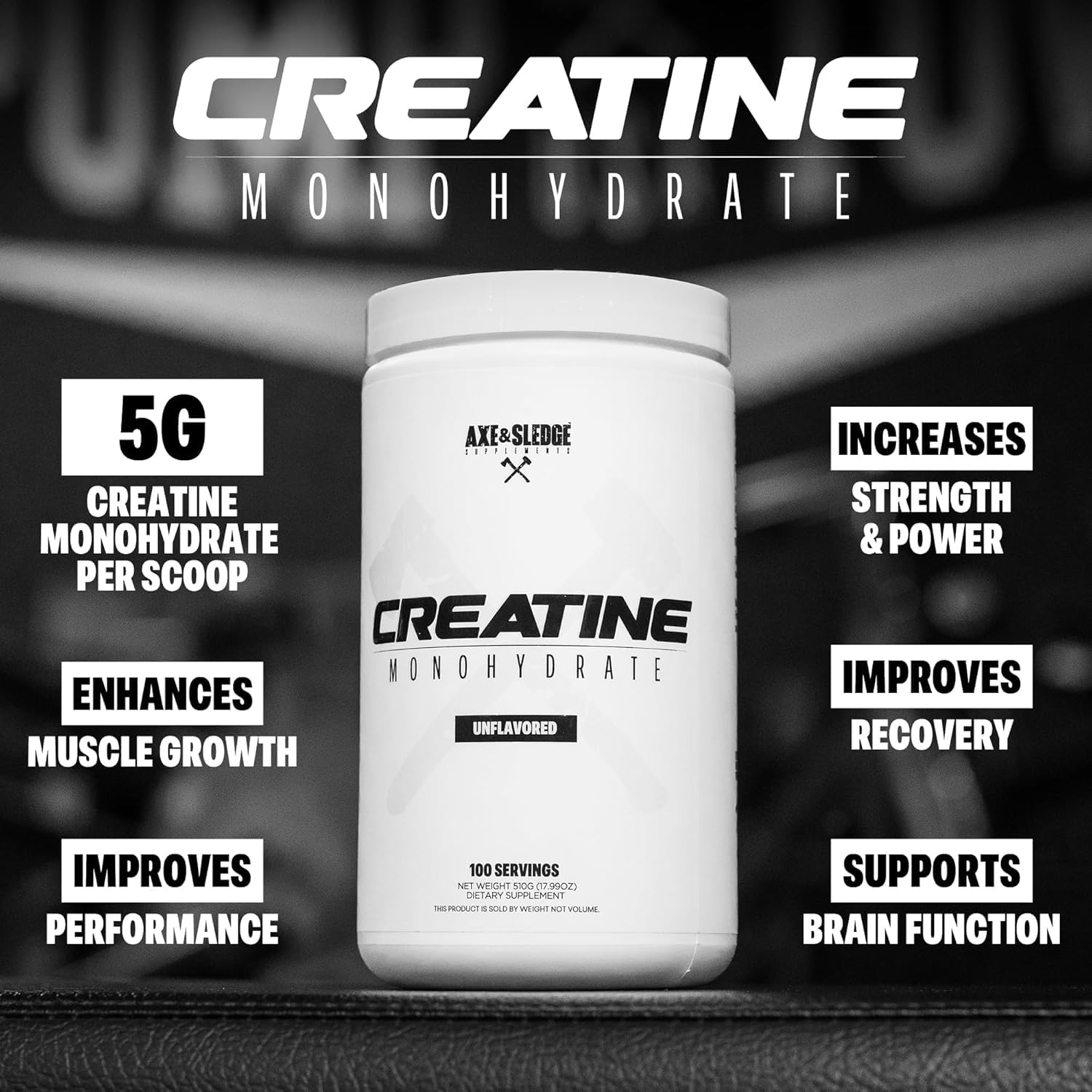 Axe & Sledge Basics Creatine | Unflavored, Enhances Strength & Performance, Increases Lean Body Mass, 50 Servings | Pure Creatine Monohydrate, No Fillers or Artificial Substances | 100 Servings — Amazon image 3