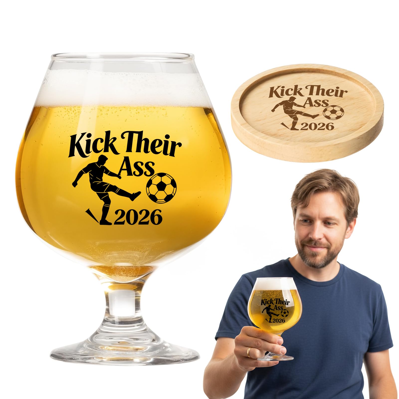 YuanVellora Funny Football Beer Glass - Kick Their Ass 2026" World Cup Football Drinking Glass for Men, Novelty Beer Gift for Dad Brother Grandpa, Sports Fan Beer Tumbler for Birthday Father's Day