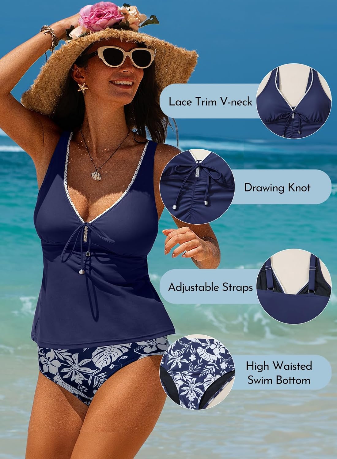 Aleumdr Womens Tankini Swimsuits Tummy Control Two Piece Bathing Suit Tie Knot V Neck Swim Top with Bottom - Image 4
