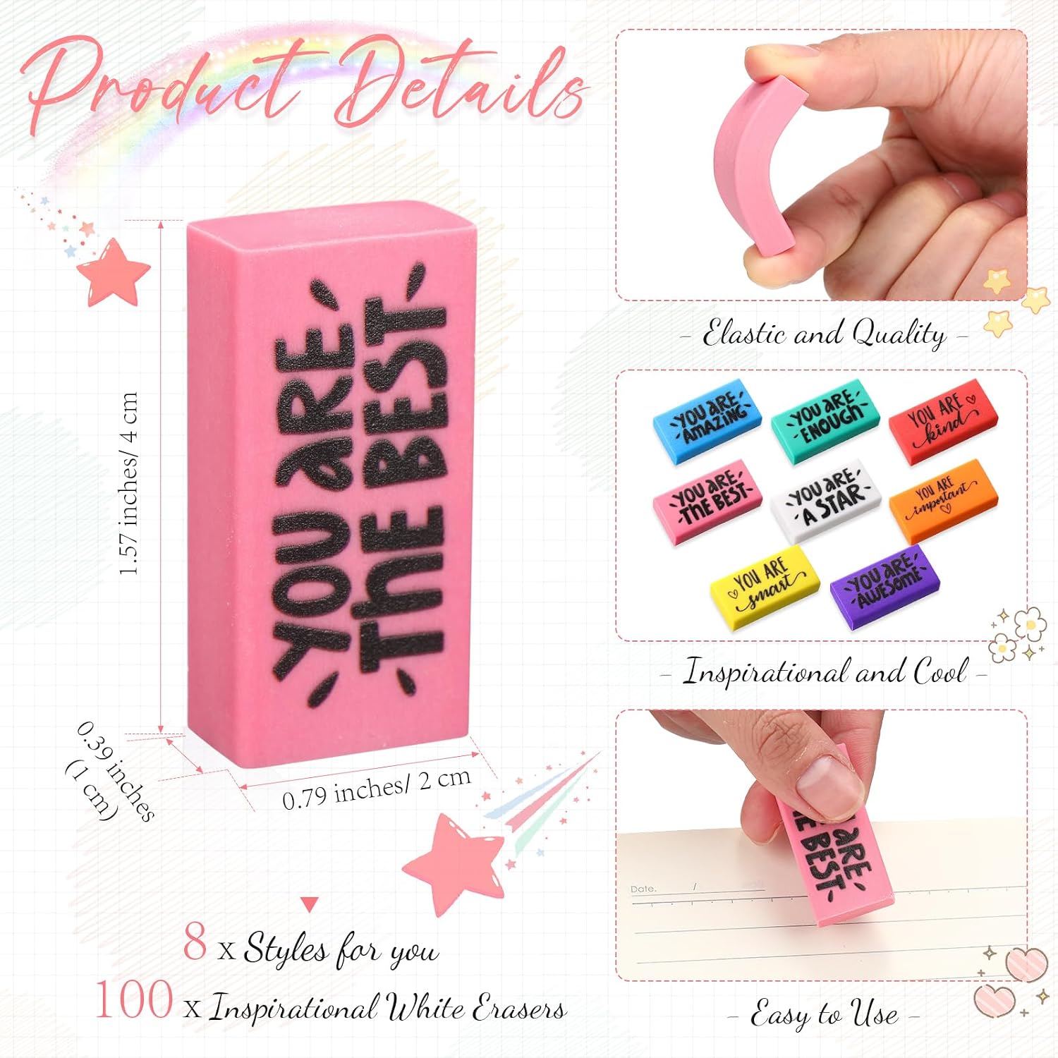 PerKoop 100 Pcs Inspirational Colorful Eraser Bulk for Kid Student Teacher image 2