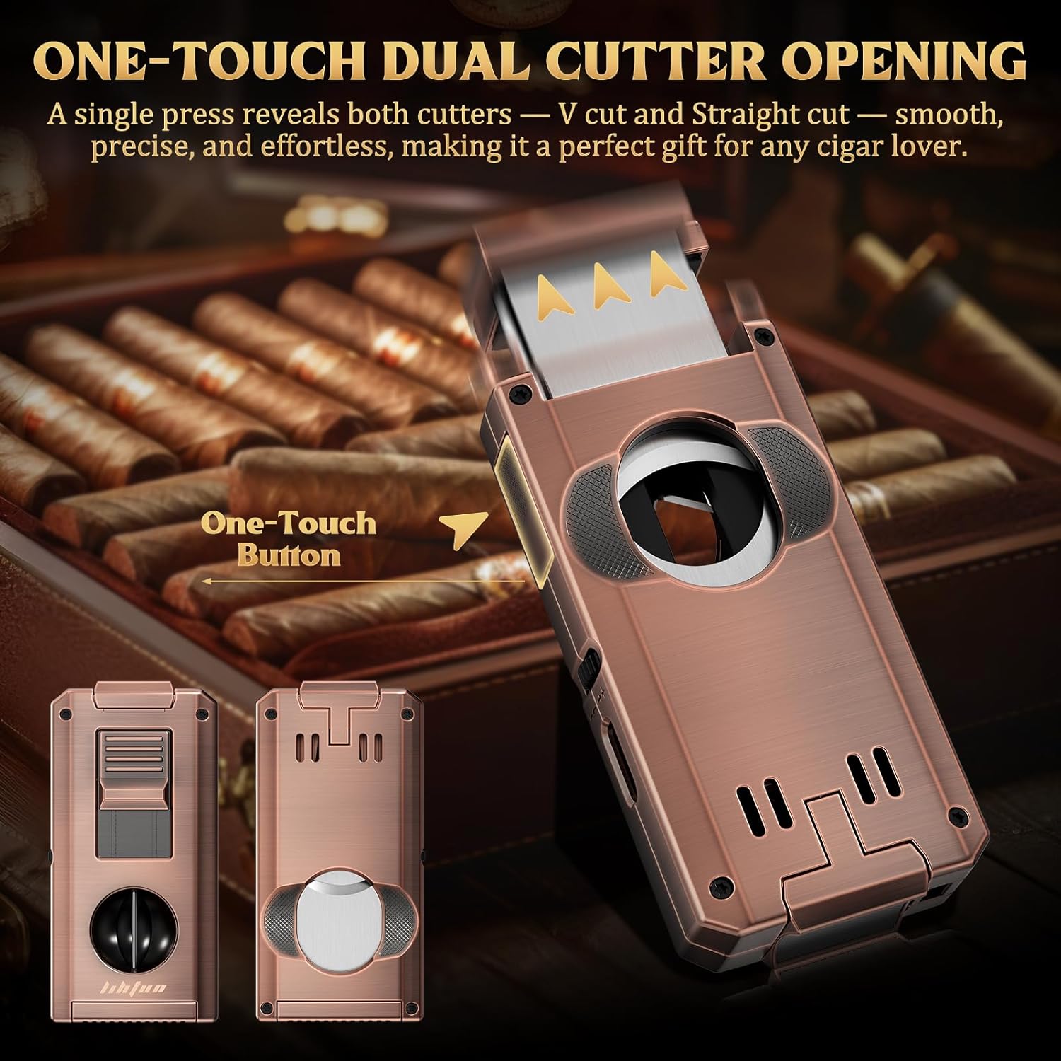 LIHTUN Cigar Torch Lighter Built-in One-Touch Cigar Cutter V-Cut and Straight Cut, Punch, Stand, All-in-1 Windproof Dual Jet Flame Lighter Gifts for Cigar Loves, Adjustable Refillable (Bronze)