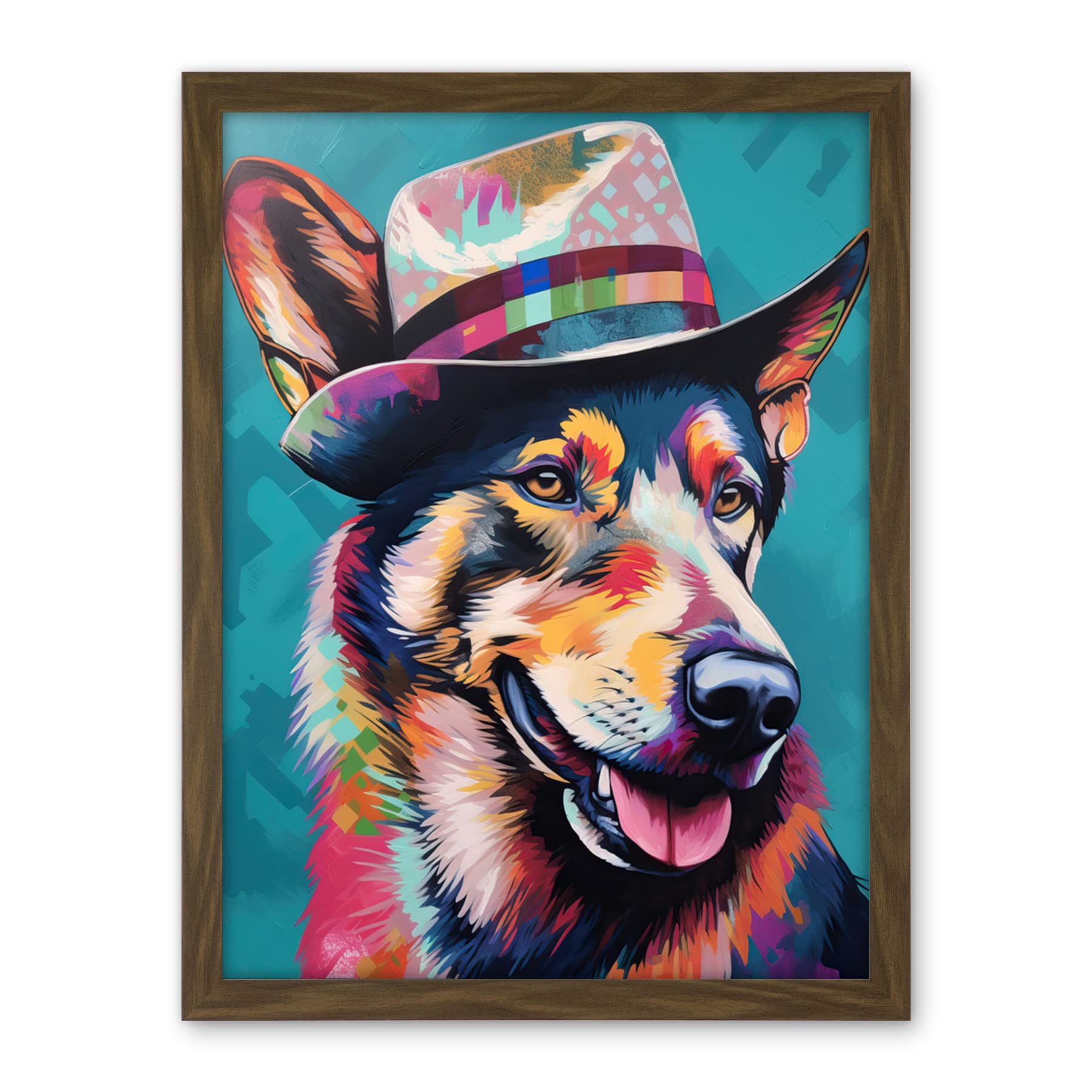 Artery8 German Shepherd with Fedora Hat Vibrant Portrait Artwork Framed Wall Art Print 18X24 Inch
