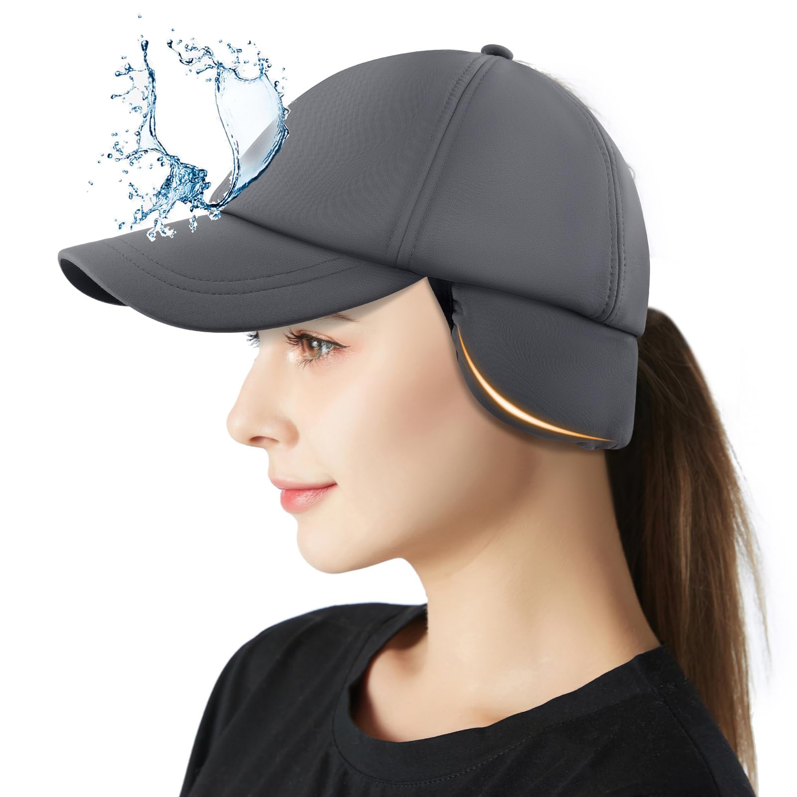 Peicees Winter Fleece Hat with Ponytail Hole Drop Down Ear Flaps Warmer for Women Men Waterproof Running Baseball