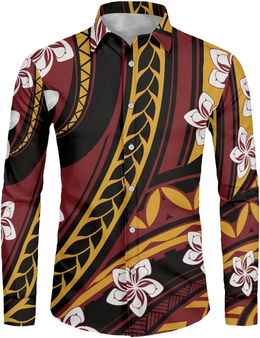 ENLACHIC Men Polynesian Tribal Print Long Sleeve Casual Button Down Beach Hawaiian Shirts Dress Shirts