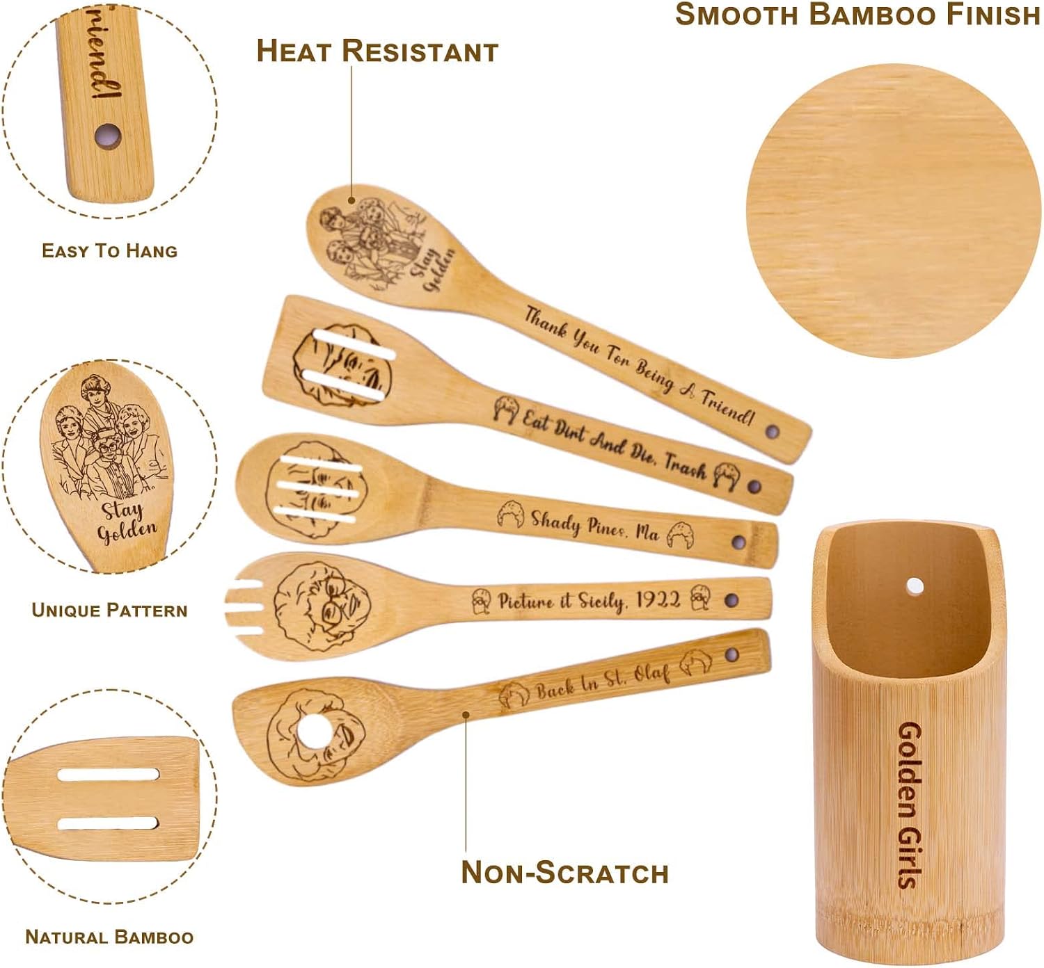 Golden Girls Wooden Cooking Spoons, TV Show Merchandise Keepsake Gifts, Funny Kitchen Utensils Set for Women, 5 Piece