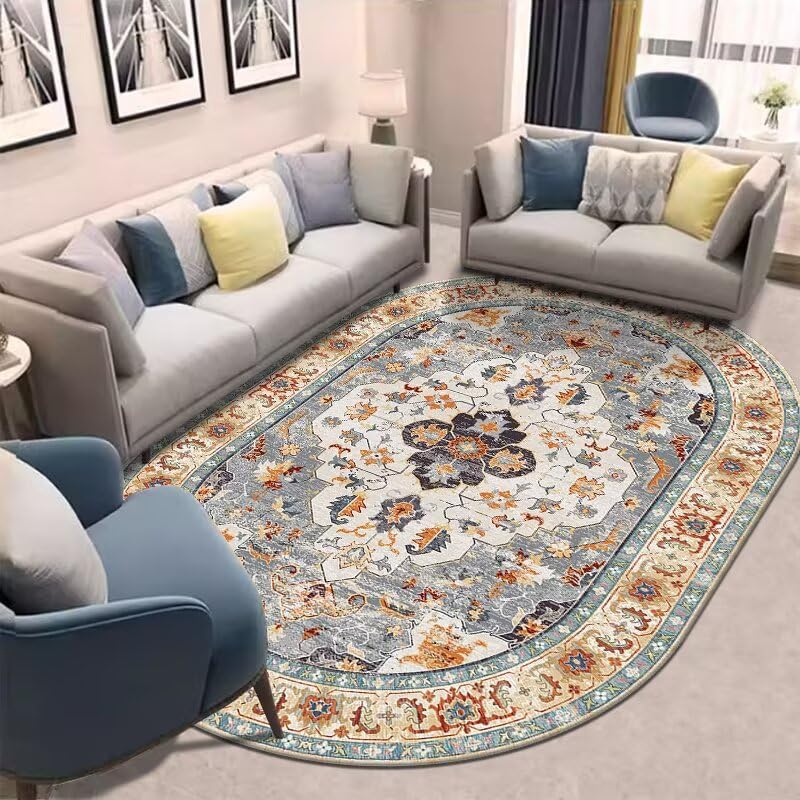 Alfombra ovalada azul brumoso de estilo palacio retro para salón de 80x140cm