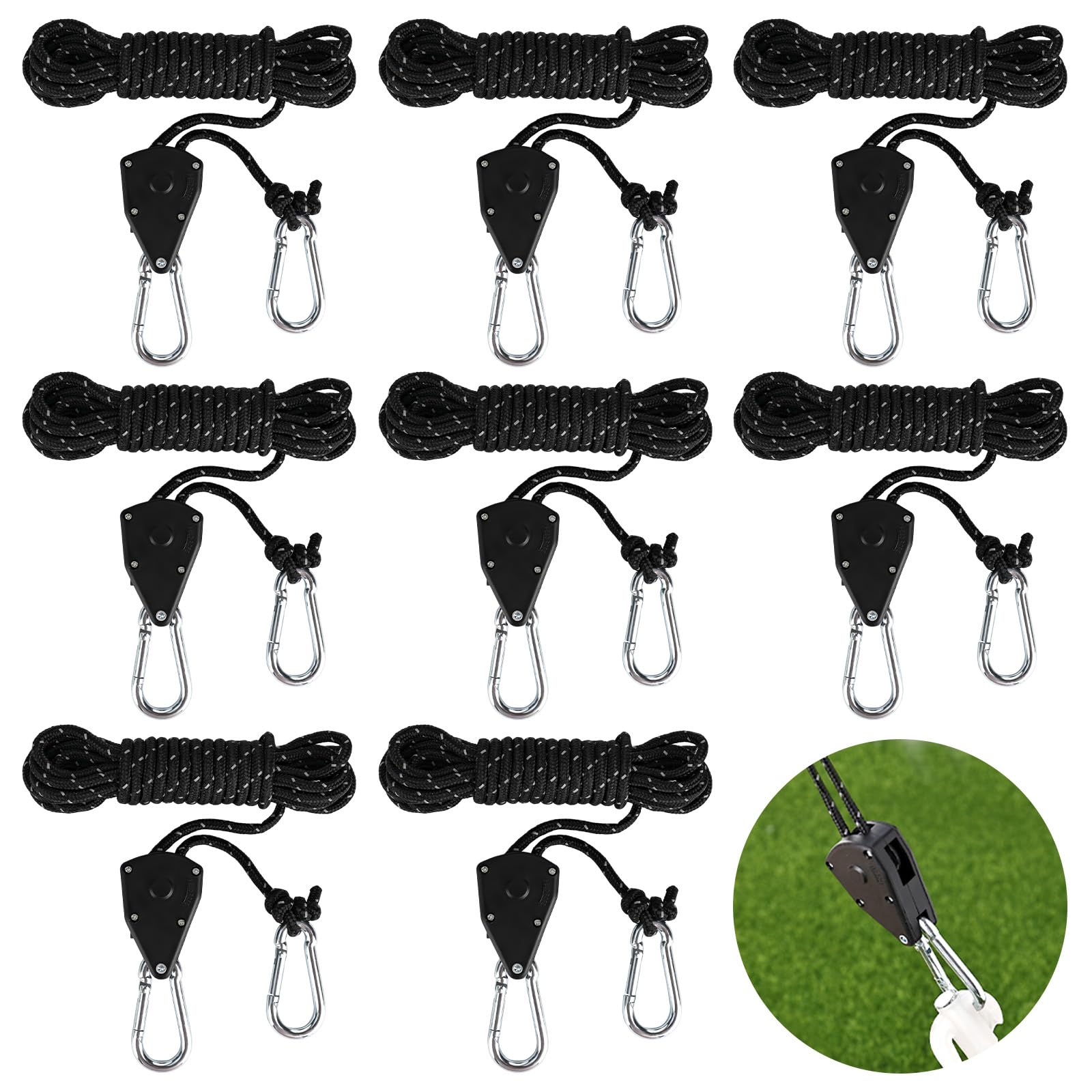 8 ganchos de trinquete, cuerdas tensoras de 4 m con tensor de cuerda, carraca resistente de 1/8 pulgadas para plantas, ventilador, luz, plantas de interior (negro)