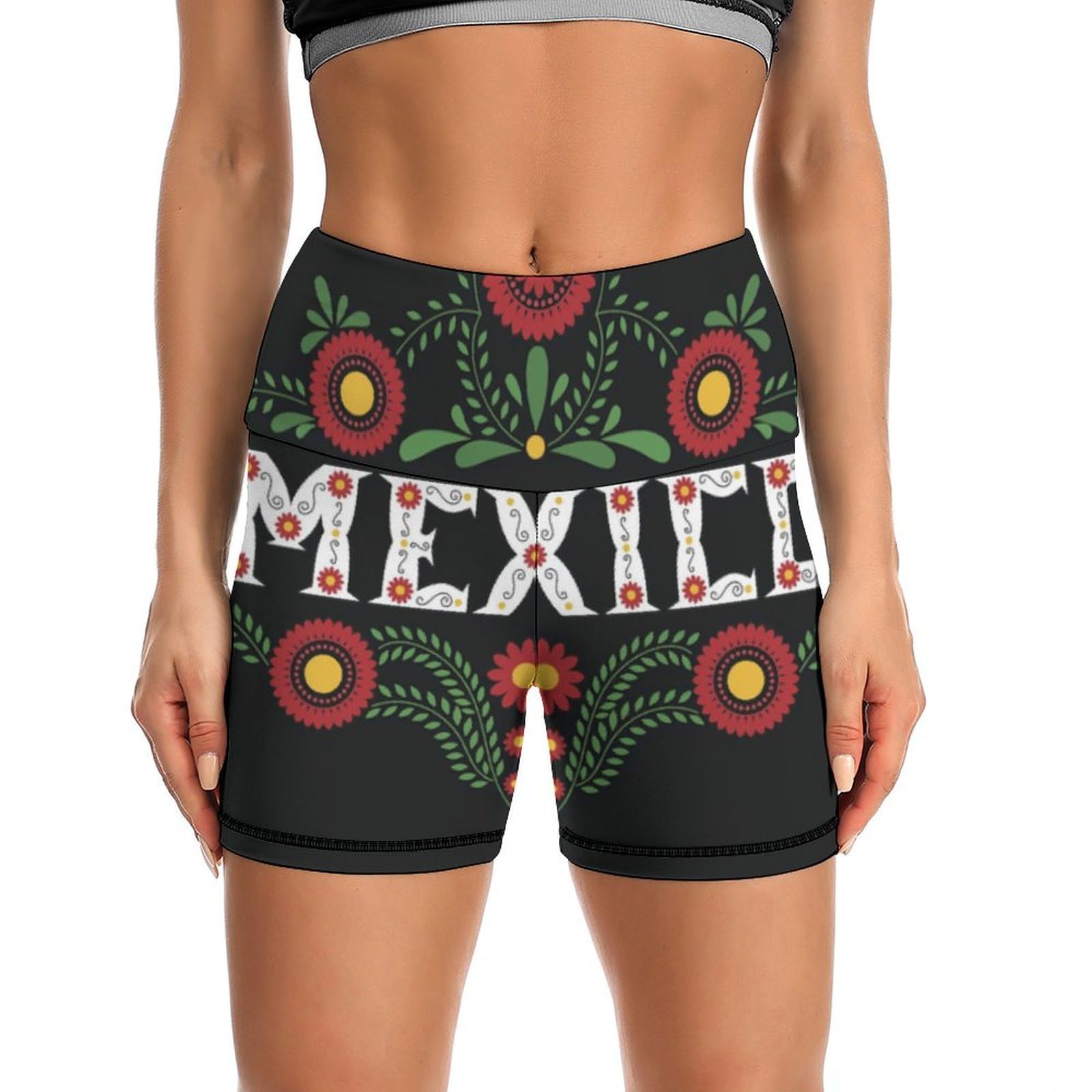 Floral Mexican Embroidery Birds High Waist Yoga Shorts for Women Athletic Shorts Leggings Running Pants Black