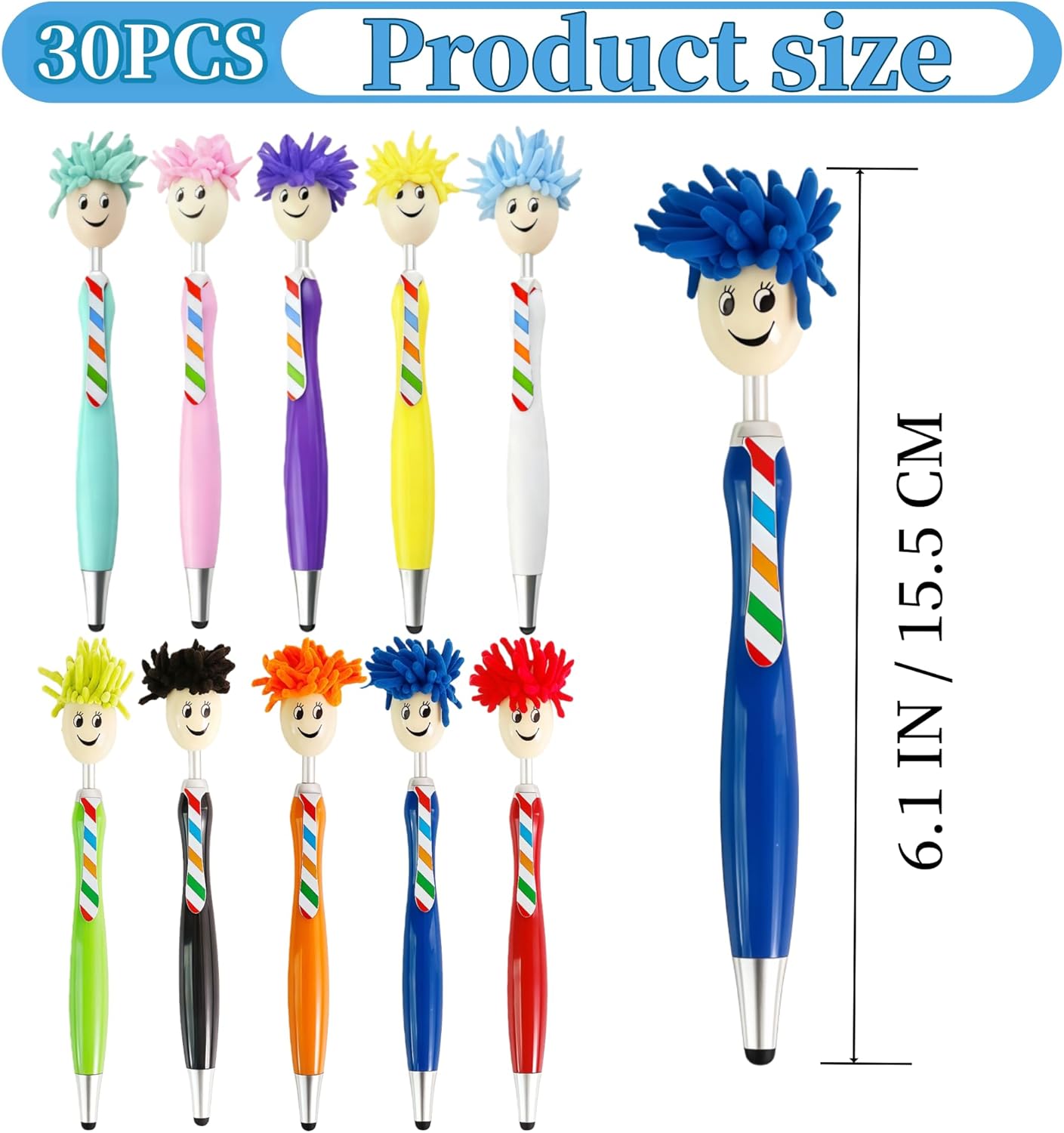 Oneshow Mop Head Ballpoint Pens, 30-Pack Creative and Fun Mop Topper Pens for Office Use, Stress-Relief Writing Pens with Plush Hair, Click Pen Portable Decorative Signing Pens for Adults