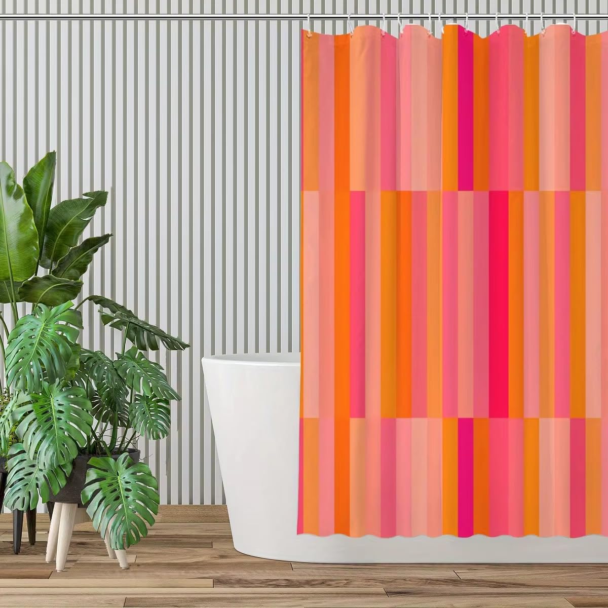 Sommerlicher Duschvorhang mit rosa-orangenen Streifen – Wasserdichter Duschvorhang aus Polyestergewebe mit Haken, Badezimmerdekoration, Duschabtrennung (250 x 220 cm/B x H)