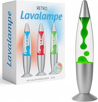MIJOMA Retro Lavalampe – Stimmungslicht aus Glas & Aluminium mit silbernem Fuß – Lavaleuchte mit E14 Leuchtmittel & Schnurschalter – Dekolampe im kultigen Design (Grün, 40cm)