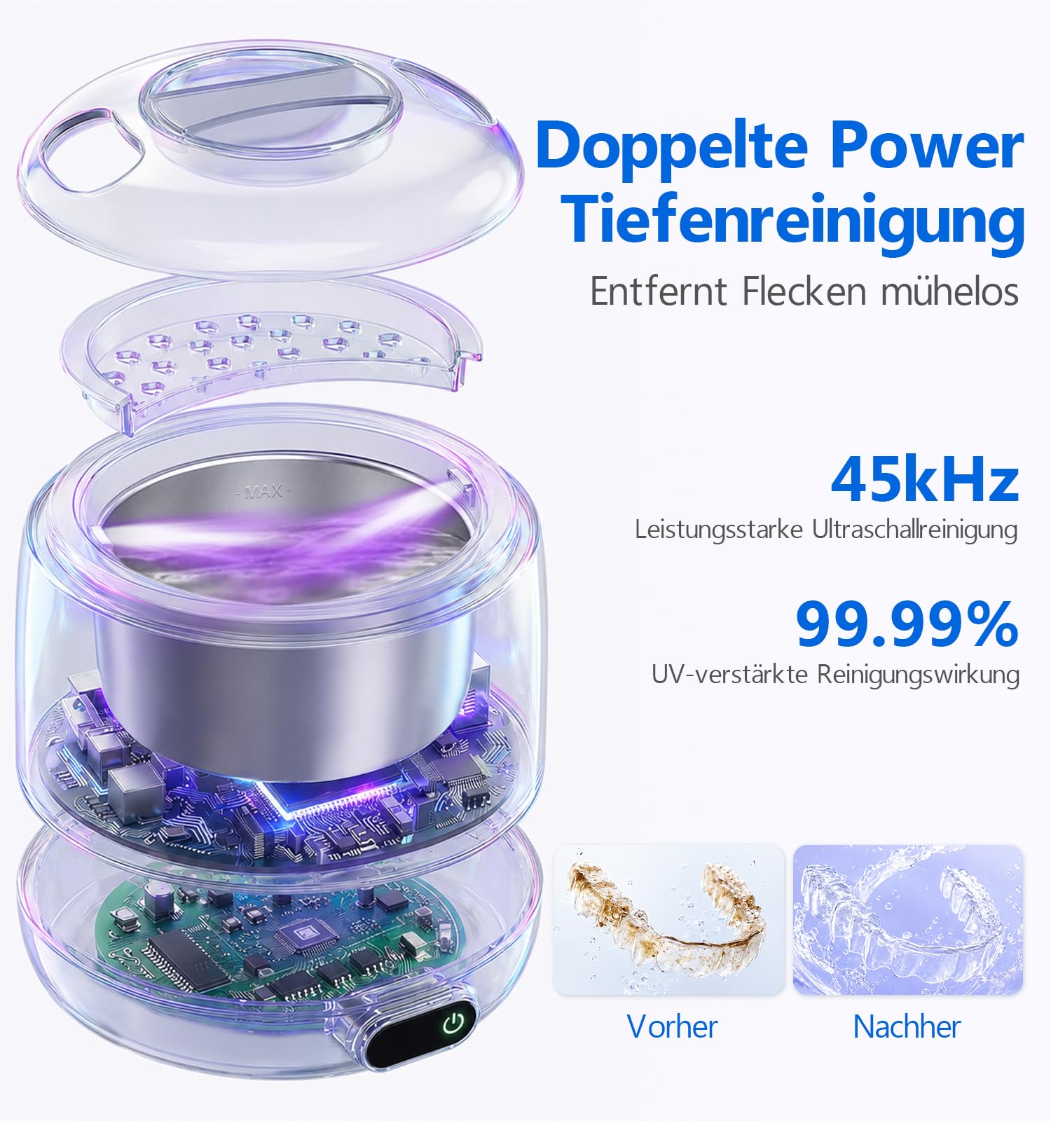 Voraiya Ultraschallreiniger für Zahnersatz, abnehmbarer Tank, Zahnprothesen