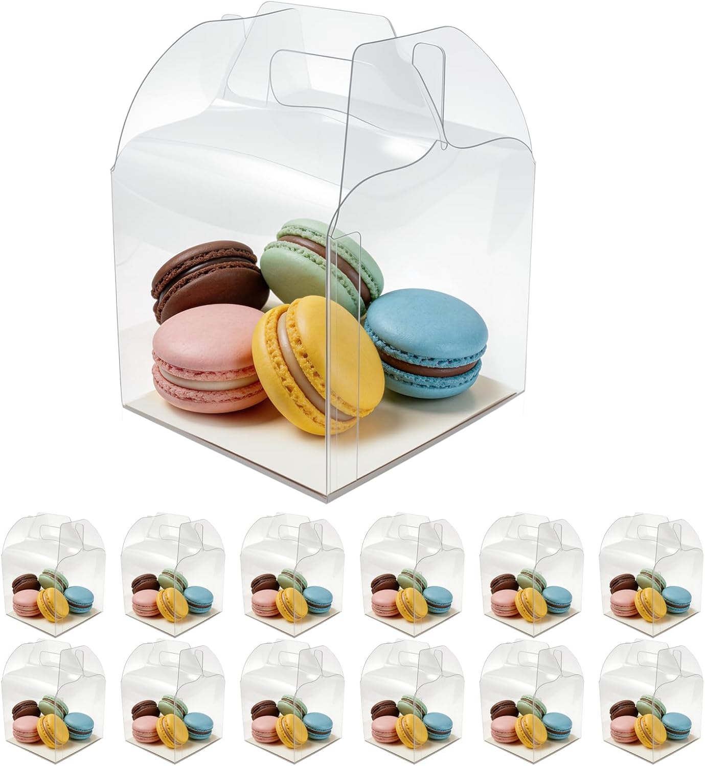 24 Pack Clear Boxes for Treats,4inch Macaron Containers with Handle, Clear Candy Carrier (24,only box)