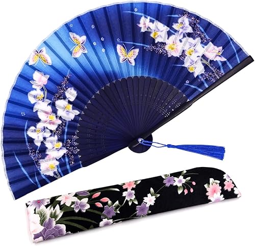 Miniatura 7 de Amajiji Abanico de mano plegable para mujer, estilo chino japonés vintage, de seda de bambú, abanicos plegables de mano para fiestas, bodas, bailes,