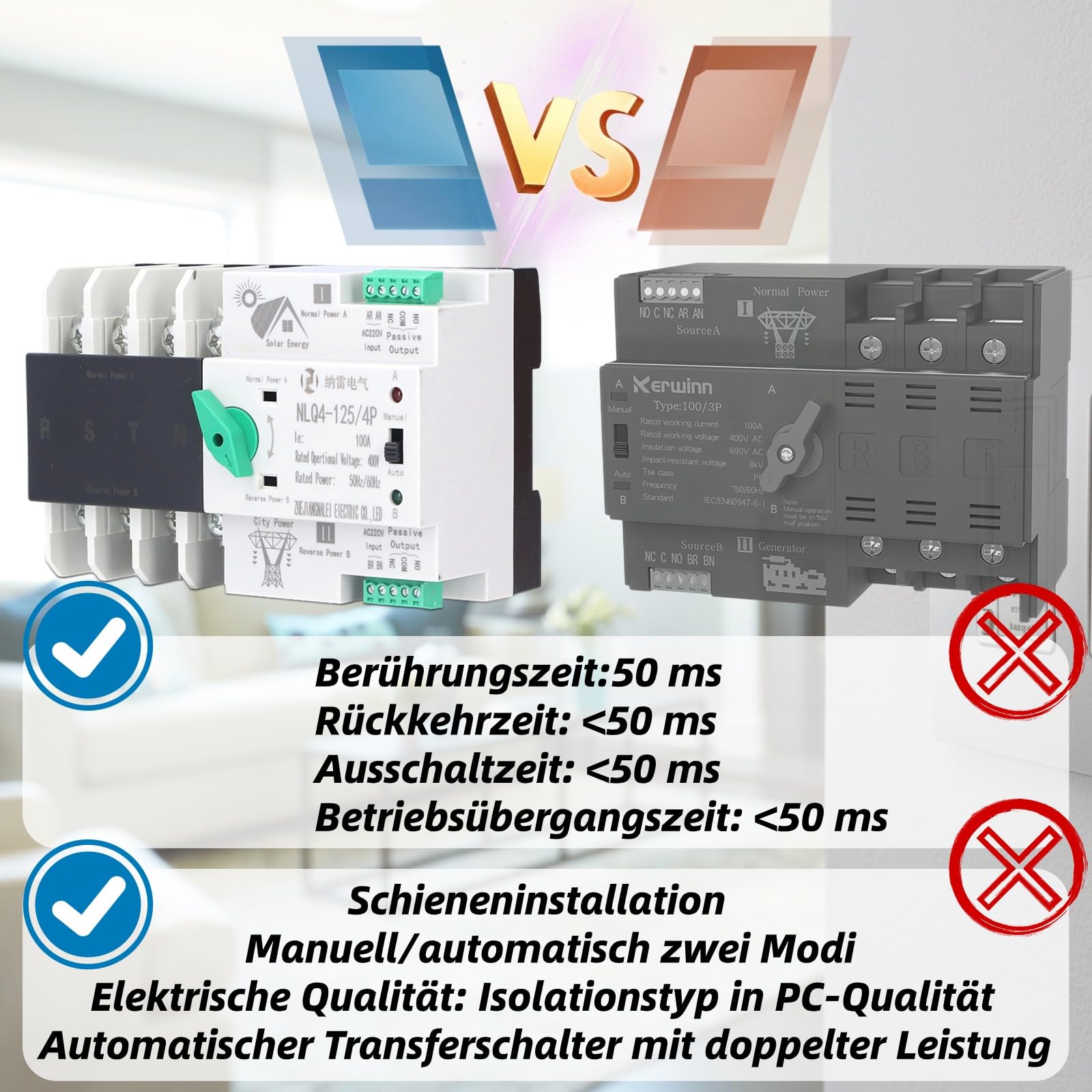 Notstrom Umschalter, 4P Automatischer Umschalter Notstrom Hutschiene, Dual Power Automatischer Transferschalter, 2 Wege übertragung, Für Kommunaler Strom, USV, Solar (NLQ4-125/4P 100A 220V) (Weiß)
