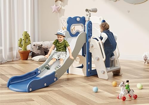 Miniatura 7 de Babytronic Tobogán infantil 6 en 1 para niños pequeños de 1 a 3 años, parque infantil para interiores y exteriores con aro de baloncesto y Verde y