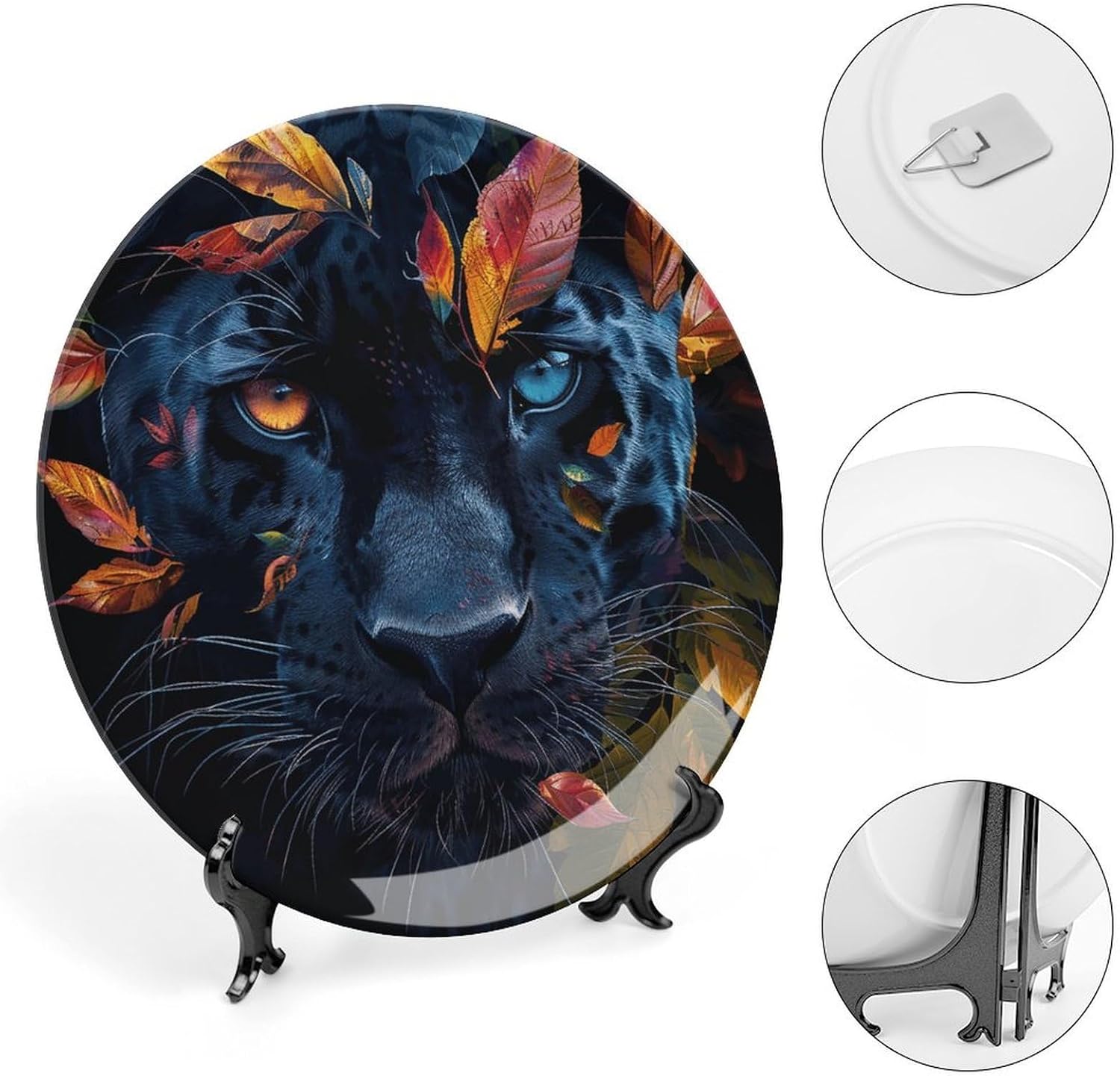 Leaves And Panther Ceramic Plate 10inch Decorative Bone China Wall Hanging Ornament Plates Bohemian Style Dinner Plate with Display Stand Cabinet Display Plates for Home Art Decor
