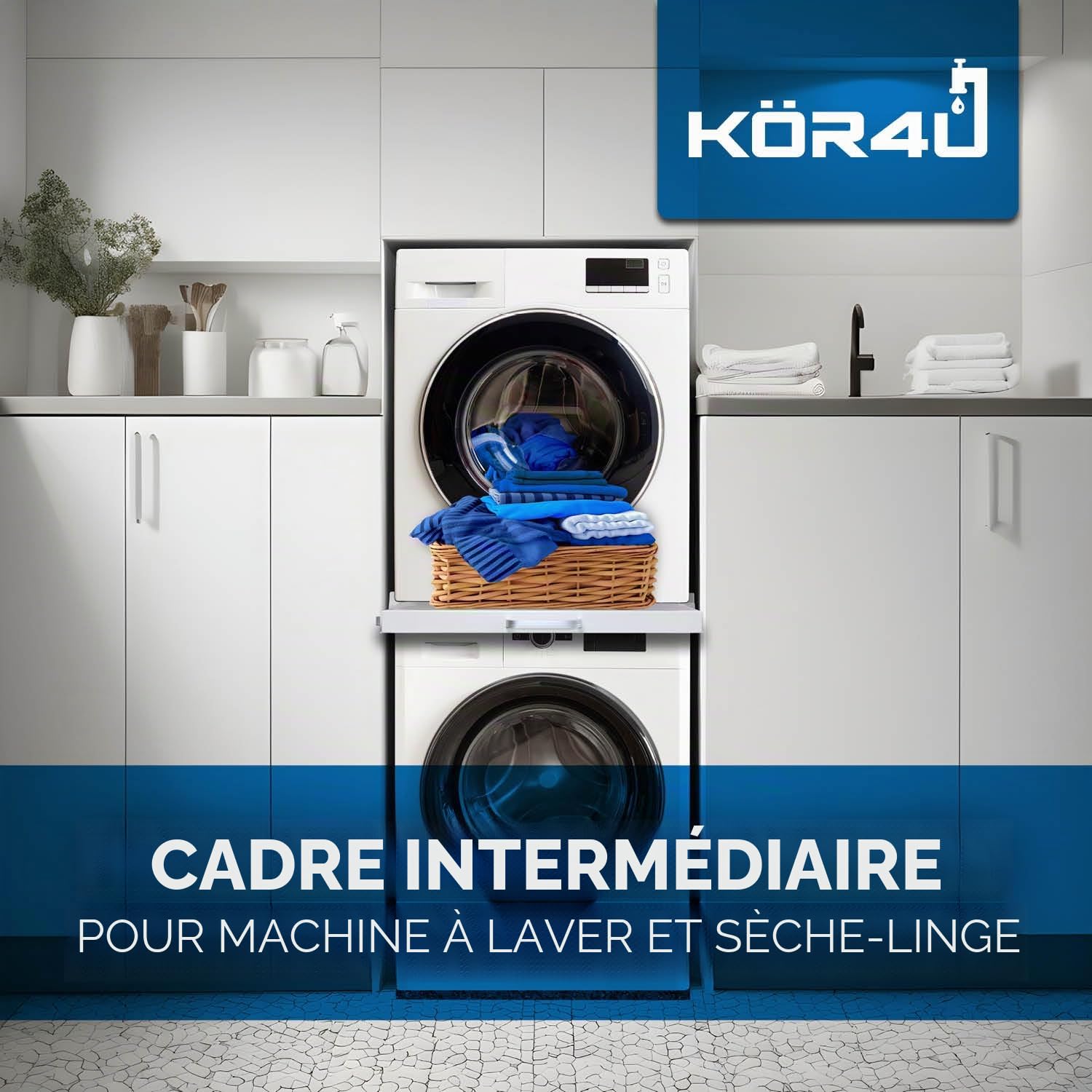 kör4u Cadre intermédiaire blanc, avec plaque amovible, pour machine à laver et sèche-linge, en acier, 60,5 x 54,5 cm, avec sangle d'ancrage blanche