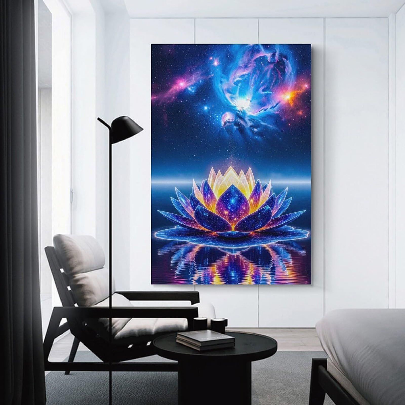 Junmoney Canvas Wall Picture Cosmic Lotus Flower on Water, 20x30inch(50x75cm), for Study, Office Or Focused Interiors, Wall Art That Adds Style to Work Areas