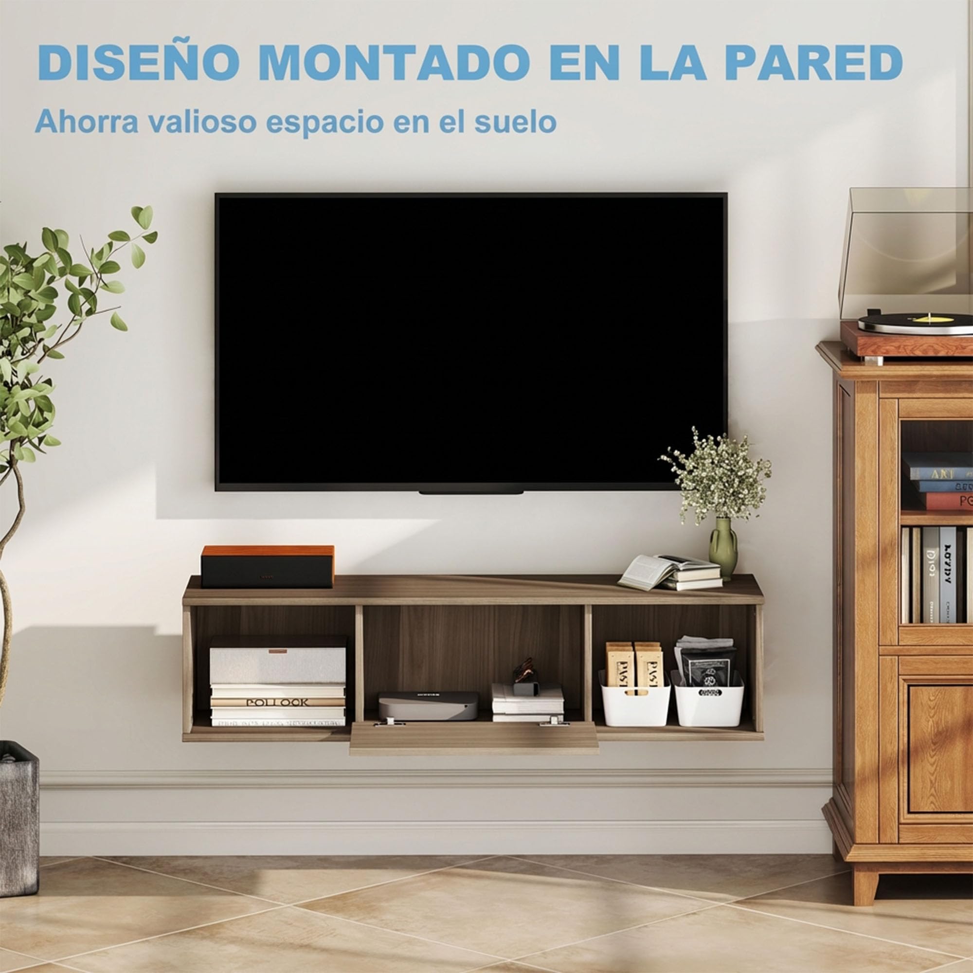HOMCOM Armario de Pared 2 Compartimentos Mueble TV 120x30x29,5 cm Marrón | Abiertos, Puerta Abatible, Armario de Almacenaje Colgante, Salón Cocina Baño