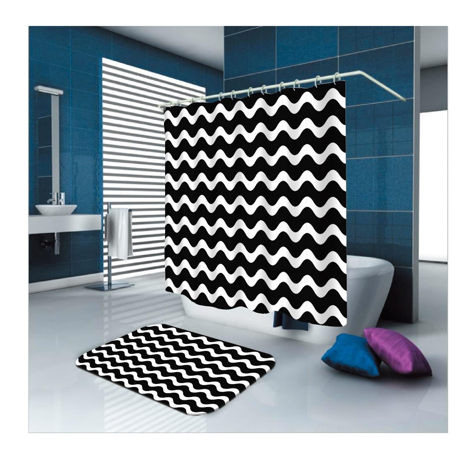 Rideau de douche textile à lignes ondulées pour salle de bain moderne