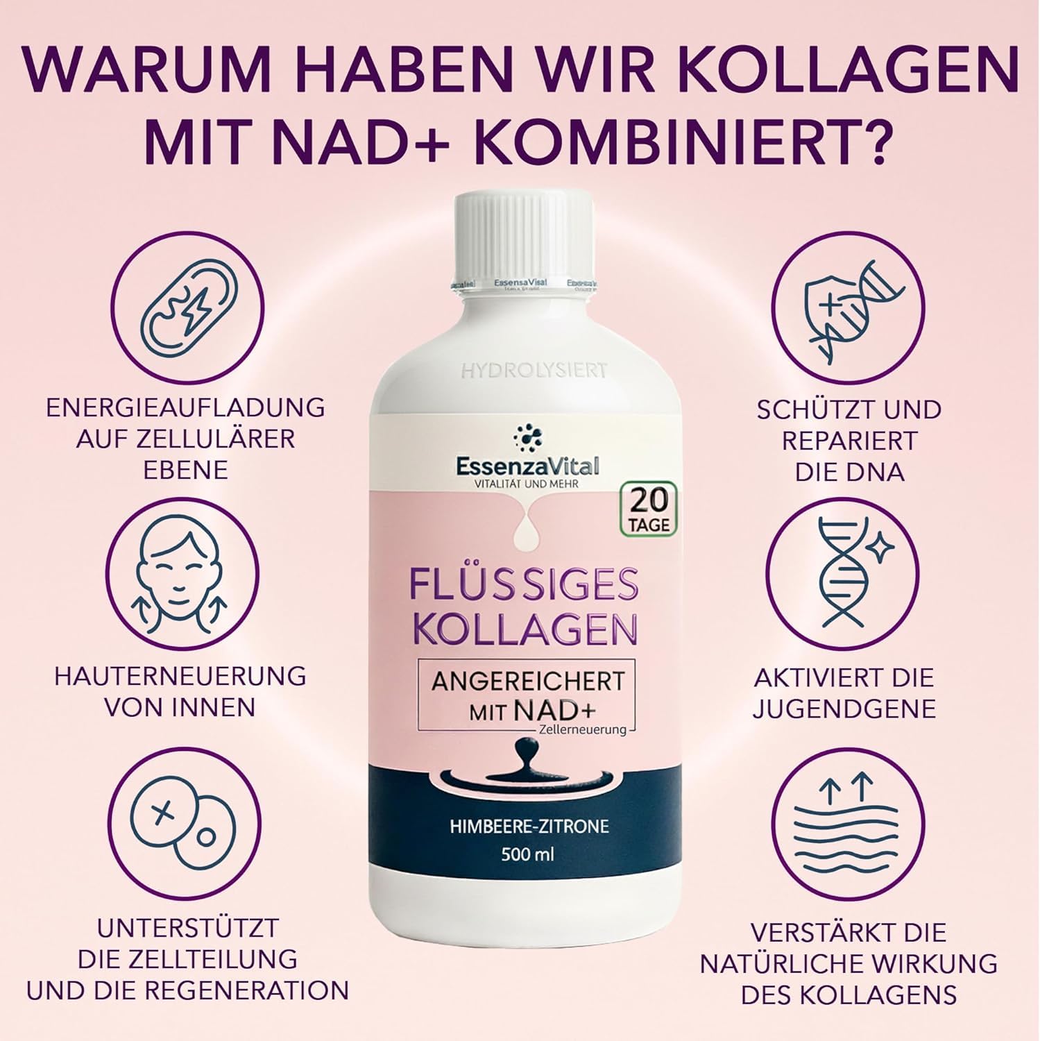 Flüssiges Kollagen Duo-Pack, 13 g reines Kollagen (13.000 mg) mit NAD+, 1 Mann + 1 Frau und Hyaluronsäure, trinkbares hydrolysiertes Rinderkollagen, maximale Dosis, EssenzaVital